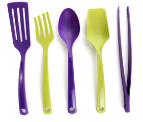 Plastic kitchen utensils isolated on white