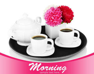 Cups of coffee on tray isolated on white
