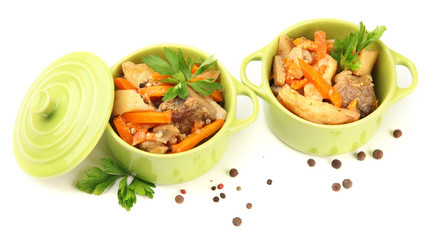Homemade beef stir fry with vegetables in color pans, isolated