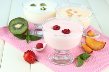 Delicious yogurt with fruit and berries on table close-up