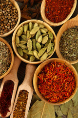Many different spices and fragrant herbs close-up background