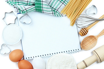 Cooking concept. Basic baking ingredients and kitchen tools