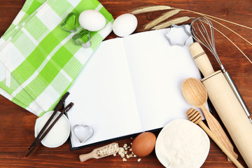 Cooking concept. Basic baking ingredients and kitchen tools