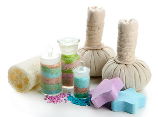 Aromatic salts in glass bottles and herbal compress balls for