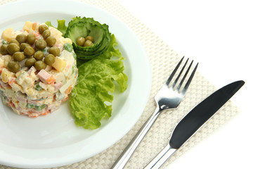 Russian traditional salad Olivier, isolated on white