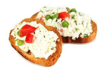 Sandwiches with cottage cheese and greens isolated on white