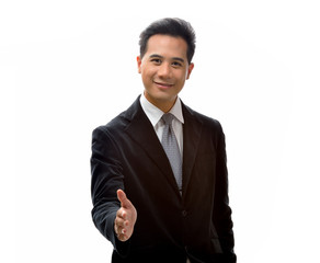 Business man with hand extended to handshake-isolated over white
