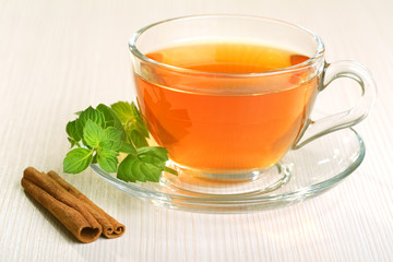 Black coffee and mint leaf