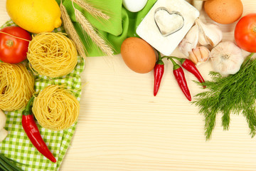 Cooking concept. Groceries on wooden table