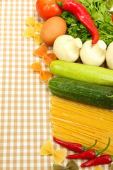 Cooking concept. Groceries on tablecloth background