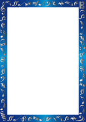 Rahmen metallicblau mit silbernen Musiknoten und Zeichen