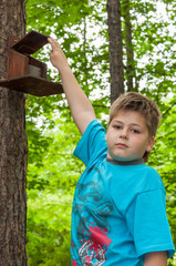 A boy of about bird feeders