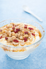 dessert of natural yogurt with maple syrup, granola and nuts