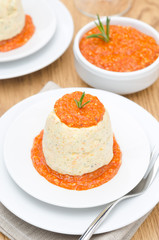mousse of chicken with pumpkin, green and red pepper sauce