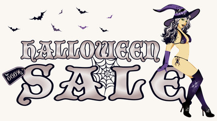 Halloween sale with young sexy witch, vector