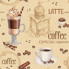 Pattern with illustrations of coffee cup and coffee beans
