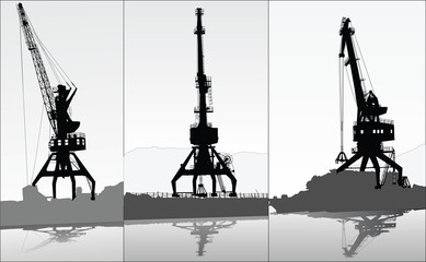 Set of vector silhouettes of 3 port cranes