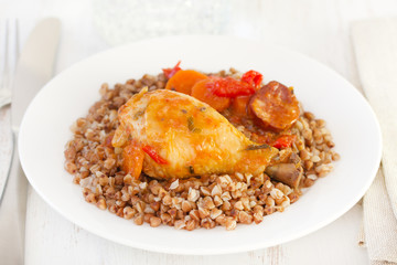 chicken with buckwheat on plate
