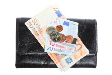 Economy and finance. Purse with euro banknote isolated