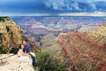 A couple on a honeymoon trip at Grand Canyon, Arizona
