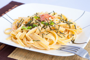 Japanese style spicy cod roe spaghetti with fork