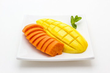 Mango and Papaya on white background