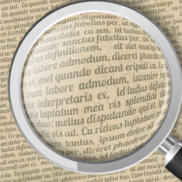 Magnifying glass and old sheet of paper with text
