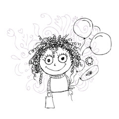 Curly girl sketch with balloons for your design