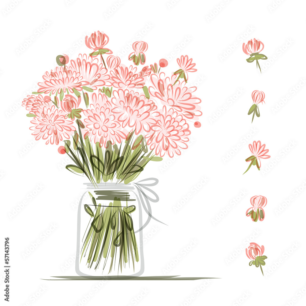 Wall mural Vase with pink flowers, sketch for your design