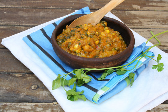 Pumpkin stew, meat, corn and potatoes, called "Charquic&aacute;n"