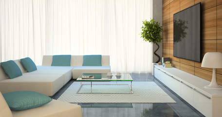 Fototapeta na wymiar Modern interior with white sofas and tv