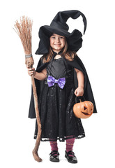 little witch with a broom and pumpkin