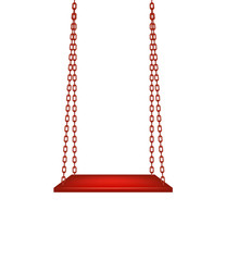 Wooden swing hanging on red chains - obrazy, fototapety, plakaty