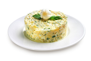 Salad with krill meat isolated on white background