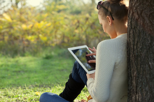 Colorful Close Up Of Using Ipad Young Woman 