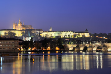 View of Prague castle and Charles Bridge at the night