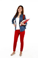 Portrait of young Asian student, on white background