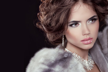 Glamour. Fashion girl Model wearing in Luxury Mink Fur Coat isol