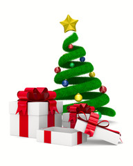 Christmas tree and gift box on white. Isolated 3d image