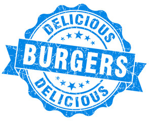 delicious burgers blue grunge retro stamp