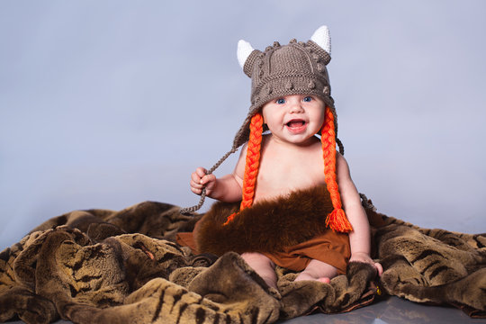 Little Baby In Viking Style Hat