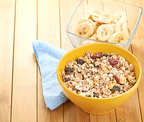 Delicious and healthy cereal in bowl with milk