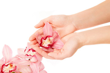 WOMAN WITH ORCHID BRANCH OVER HANDS