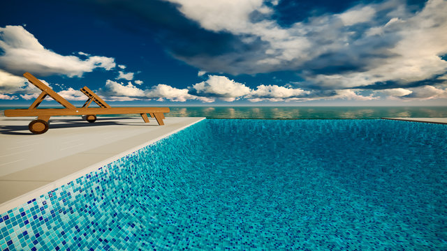 Infinite Swimming Pool With Ocean In Background