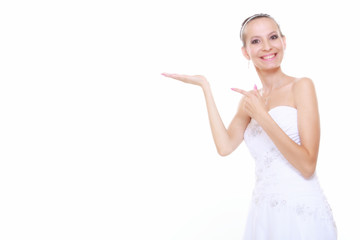 woman bride showing open hand copy space for product