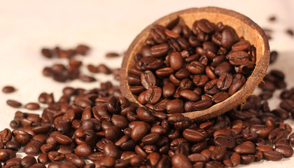 Coffee beans in coconut shell on jute background.