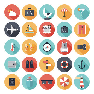 Travel and vacation flat icons set