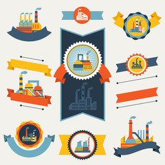 Industrial factory buildings banners, ribbons and badges.