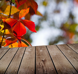 Naklejka na ściany i meble autumn theme and empty wooden deck table.
