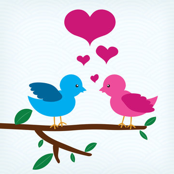 Pair of birds in love sitting on a tree branch